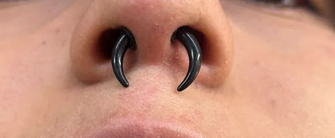 Tinta y Pinta Tattoo | Estudio de Tatuajes en Quito Piercing septum con joya negra en forma de garra, perforado con aguja en Tinta y Pinta Tattoos, Quito